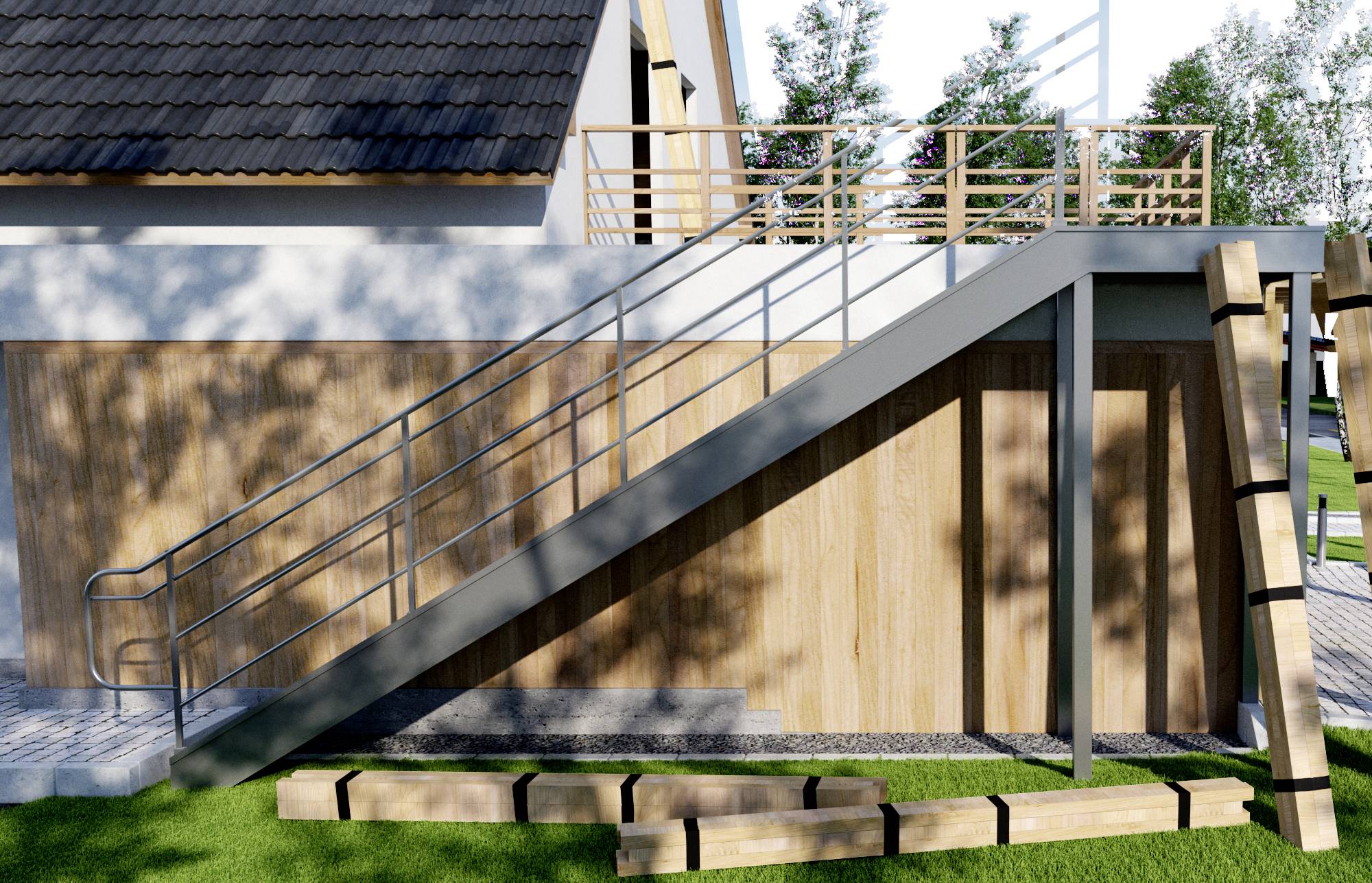 Eine seitliche Außentreppe an einem modernen Gebäude mit Holzelementen, die auf eine Dachterrasse führt. Im Hintergrund sind Bäume sichtbar.