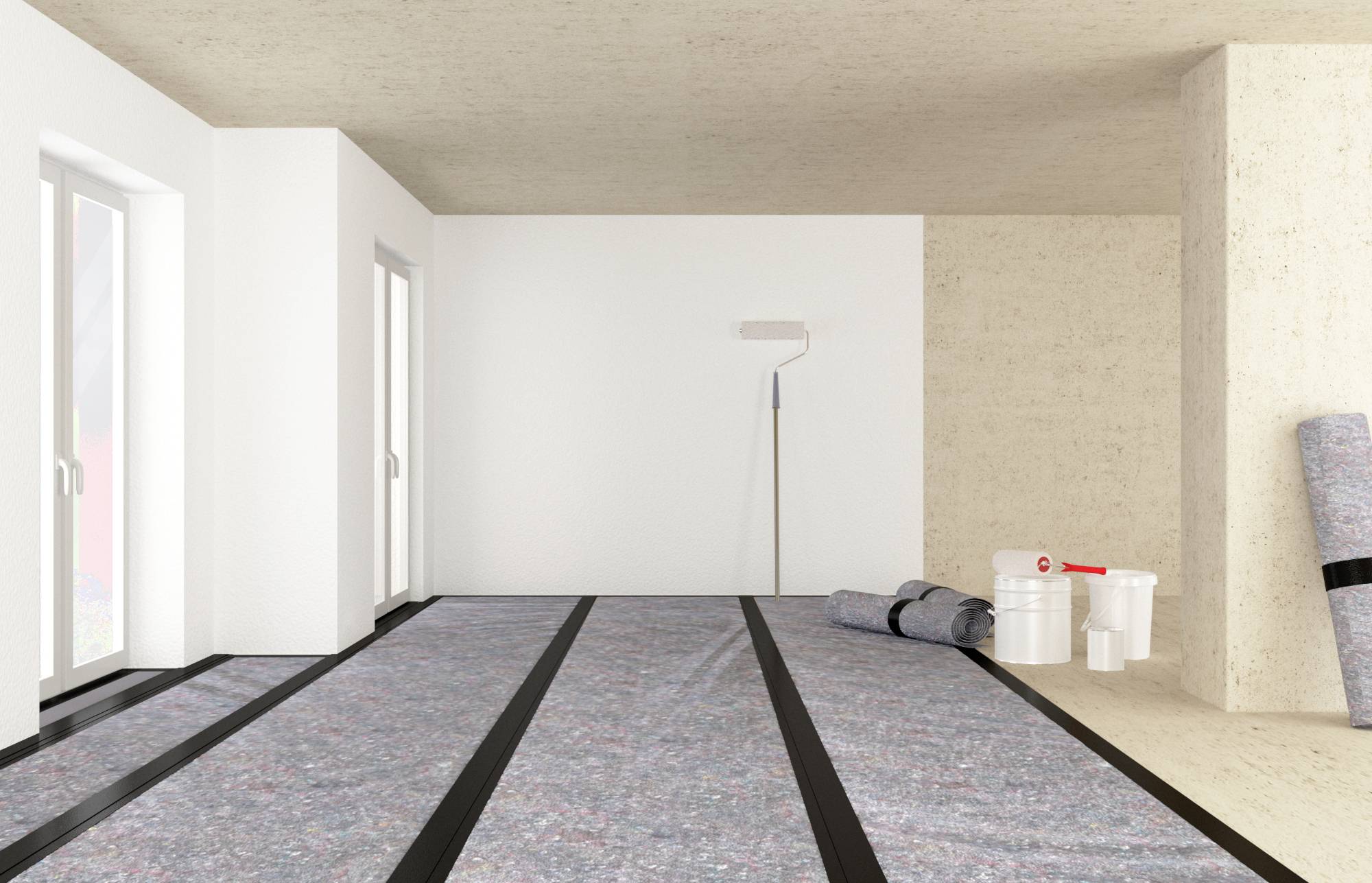 Ein Raum mit einem frisch renovierten Boden und einer weißen Wand. Malerbedarf wie Eimer und Farbrolle sind sichtbar.