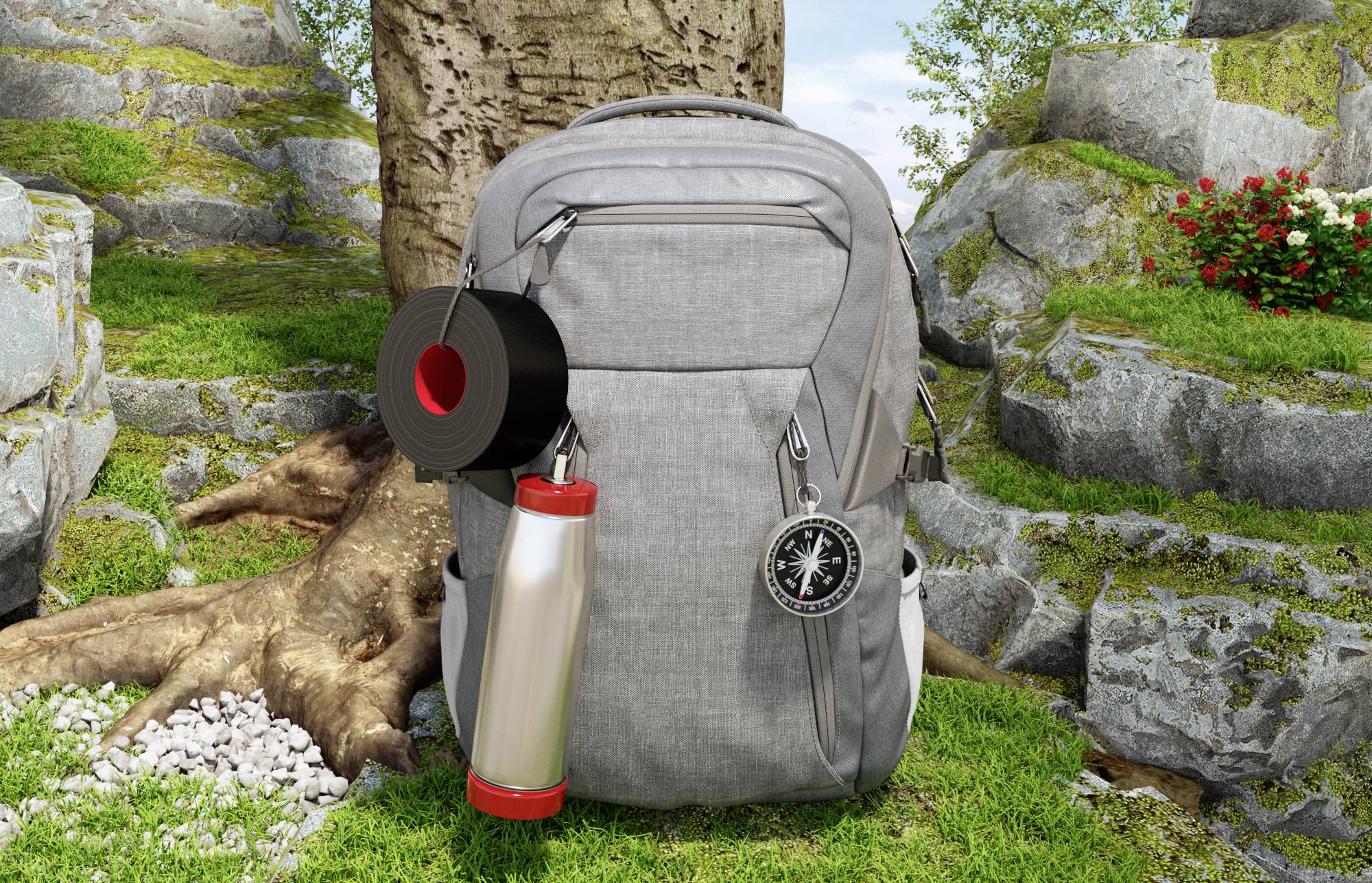 Grauer Rucksack vor Baum, mit Kompass, schwarzem Klebeband und Taschenlampe an Gurten befestigt. Umgebung mit Felsen und Blumen.