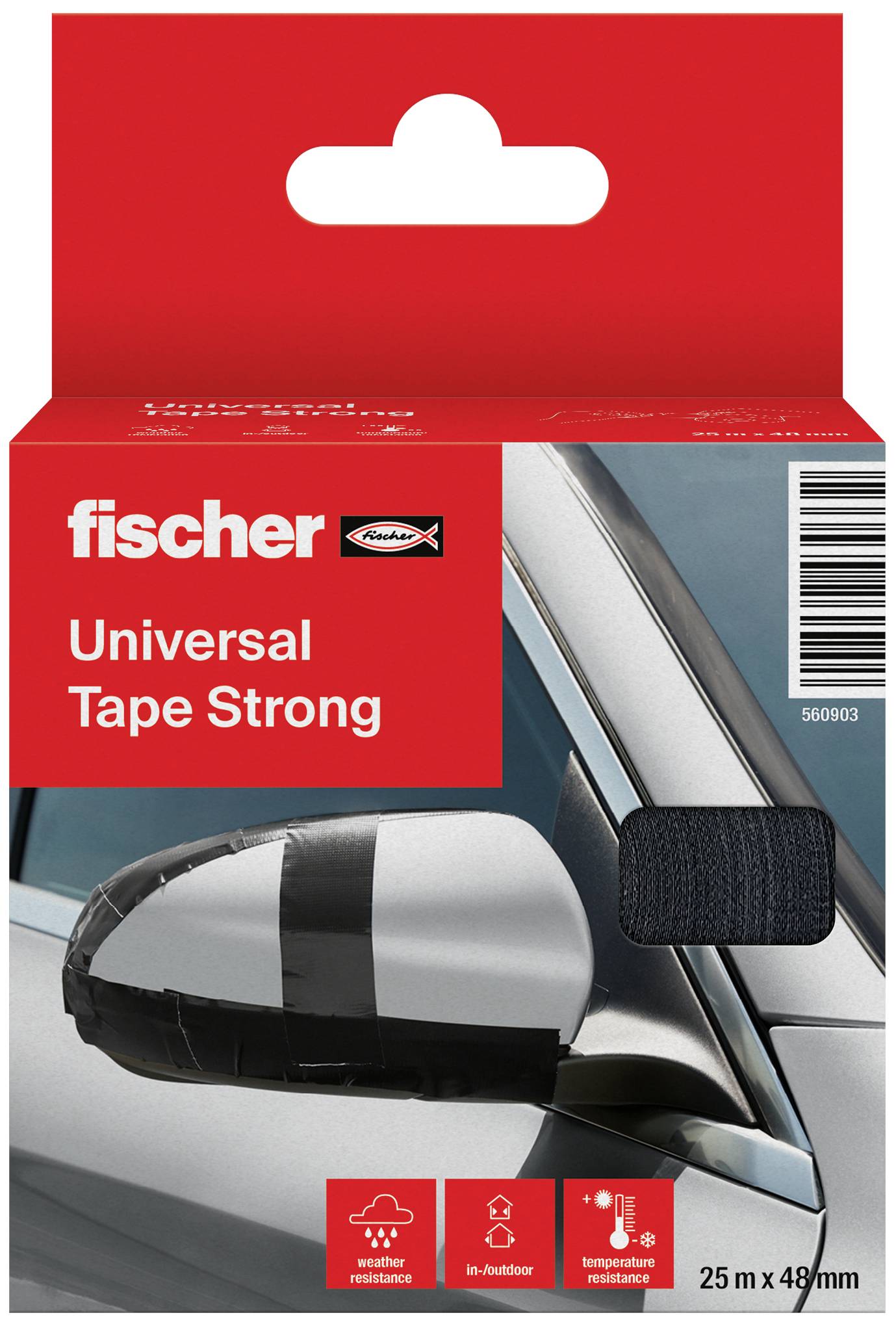 Produktverpackung für 'fischer Universal Tape Strong'. Zeigt ein Autospiegel, der mit schwarzem Klebeband befestigt ist. 25 m x 48 mm.