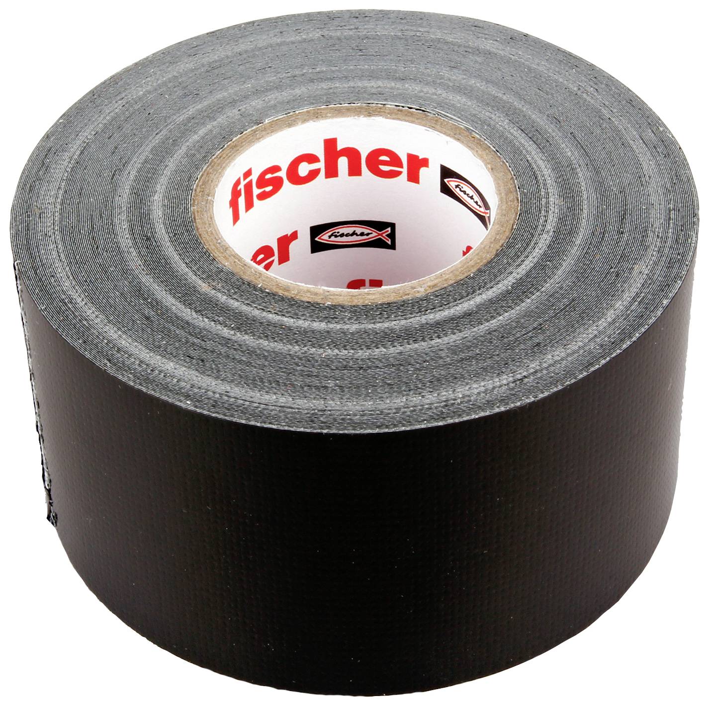 Schwarzes Klebeband, aufgerollt, mit der Aufschrift 'fischer' innen.