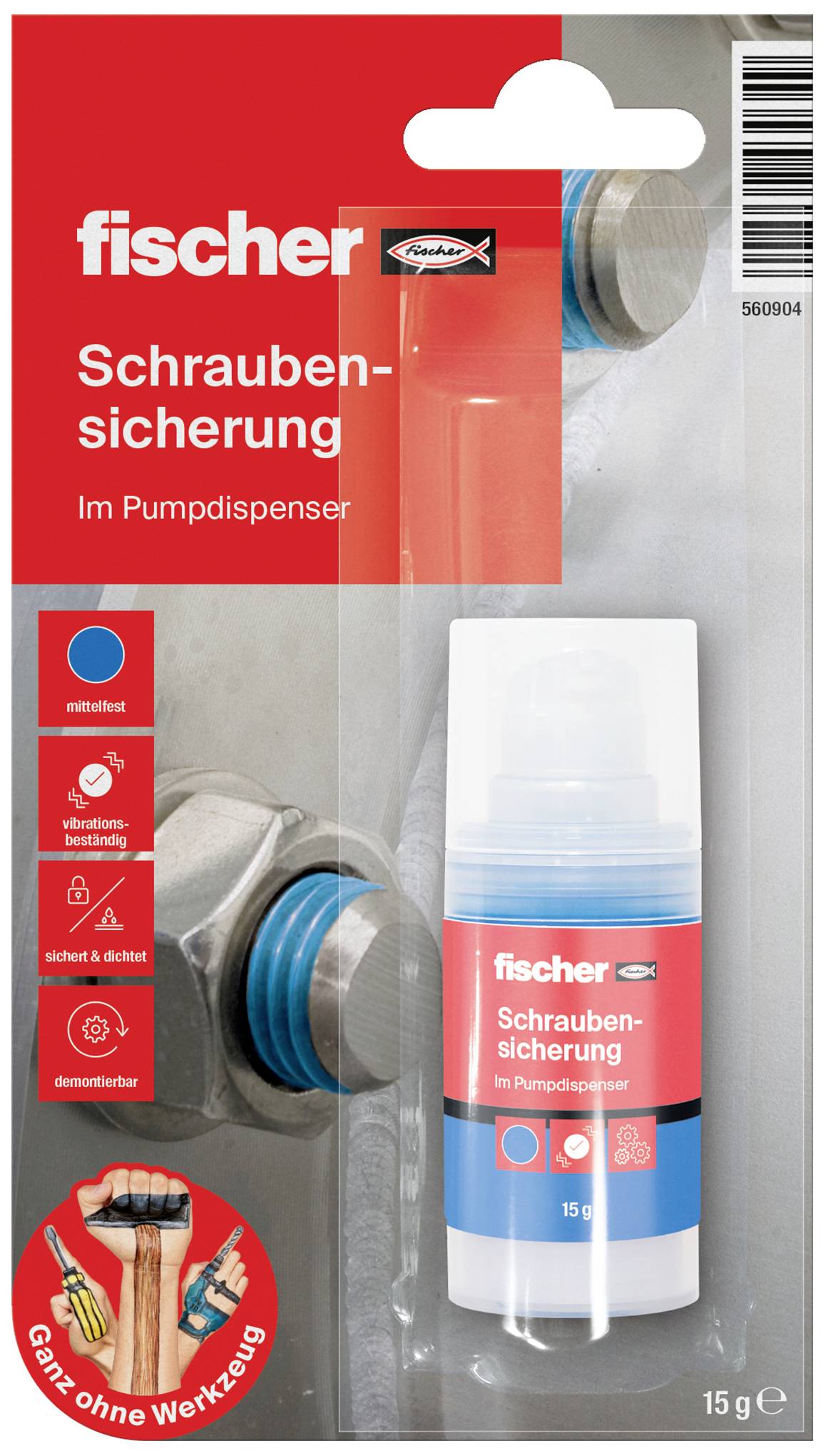'Fischer Schraubensicherung im Pumpdispenser' in roter Verpackung. Empfohlen für einfache Anwendung, sicheres und dichtes Verschrauben.