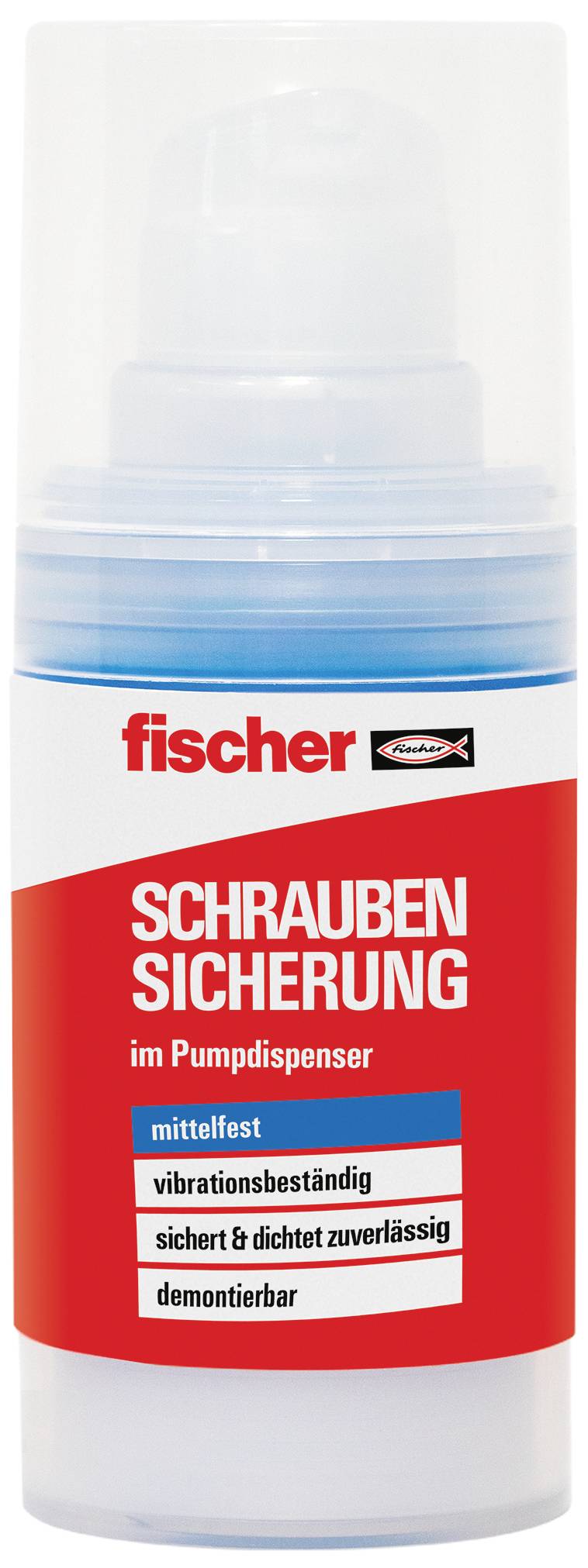 Flasche mit rotem Etikett, Aufschrift 'SCHRAUBENSICHERUNG im Pumpdispenser'. Produkt zur Sicherung von Schrauben.