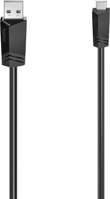 Ein schwarzes USB-Kabel mit einem Standard-USB-Stecker auf einer Seite und einem USB-C-Stecker auf der anderen Seite.