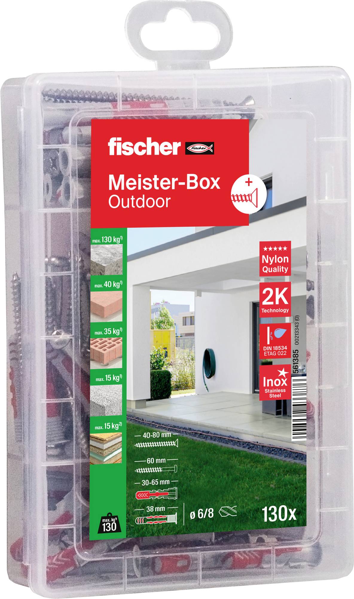 Durchsichtige Plastikbox 'fischer Meister-Box Outdoor' mit Schrauben und Dübeln, geeignet für verschiedene Gewichte und Materialien.
