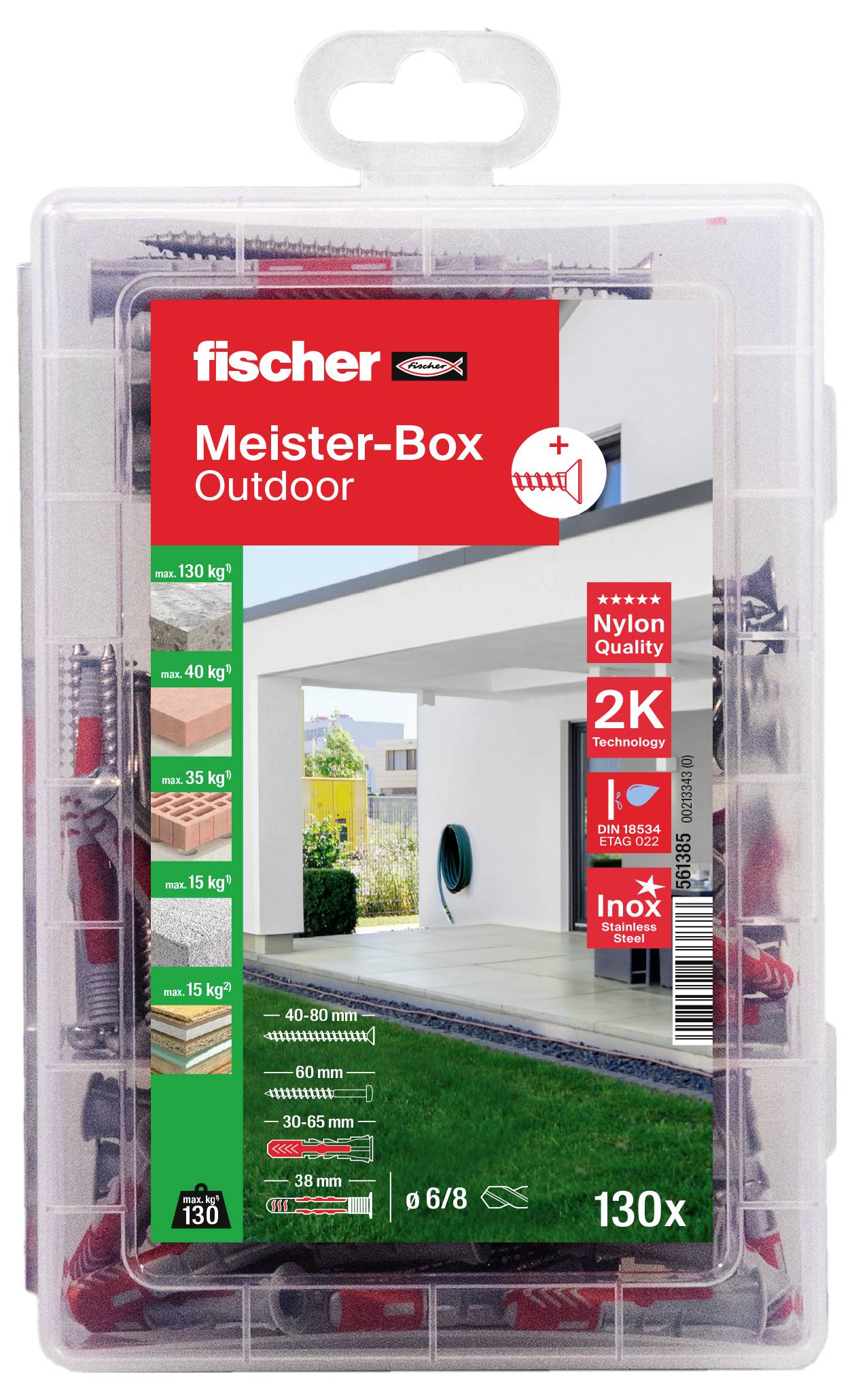 Eine transparente Box von Fischer mit Schrauben und Dübeln für den Außenbereich. Enthält technische Details zur Tragfähigkeit.