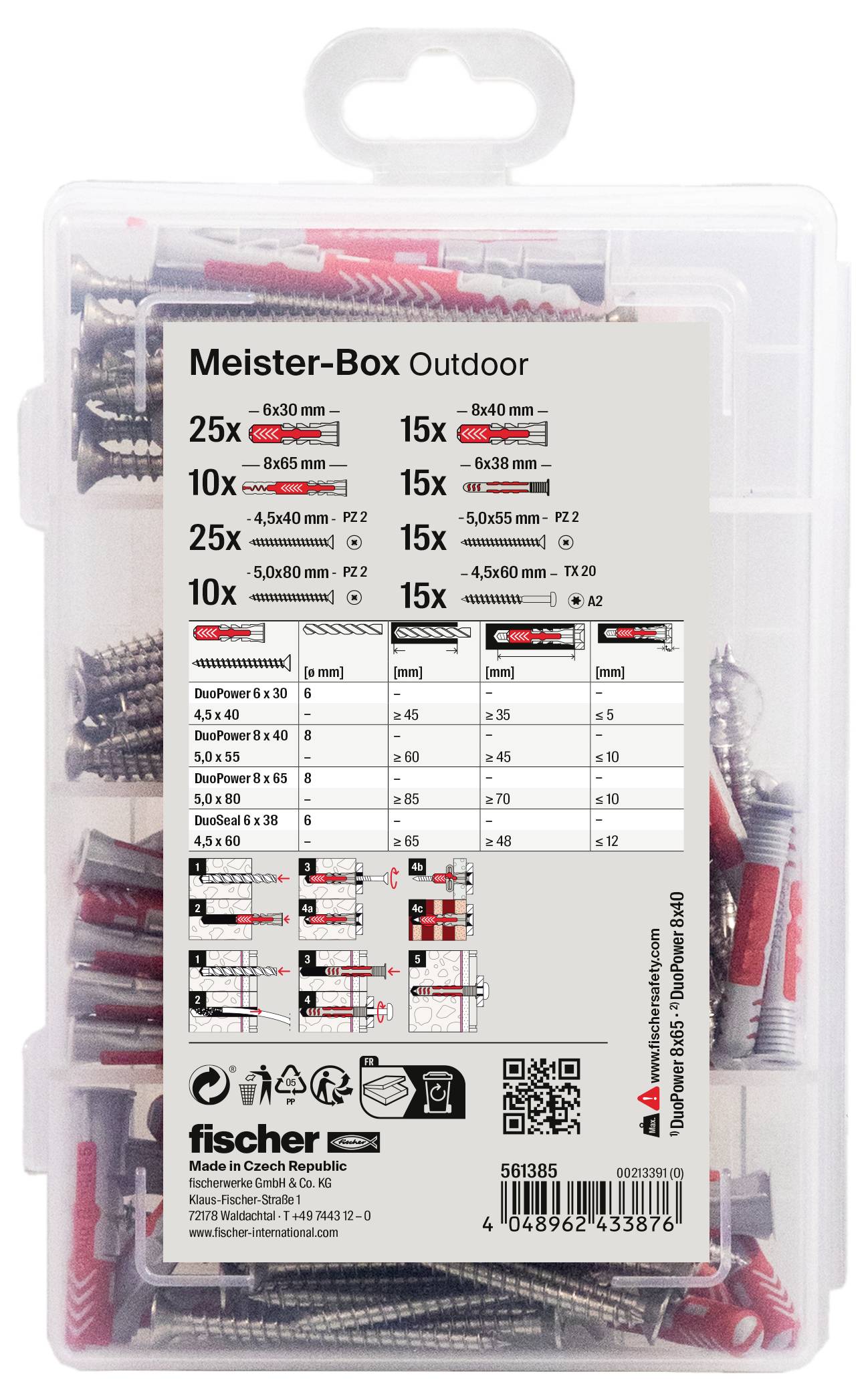 Meister-Box Outdoor mit Dübeln und Schrauben in verschiedenen Größen für den Außeneinsatz. Enthält eine Übersichtstabelle der Spezifikationen.