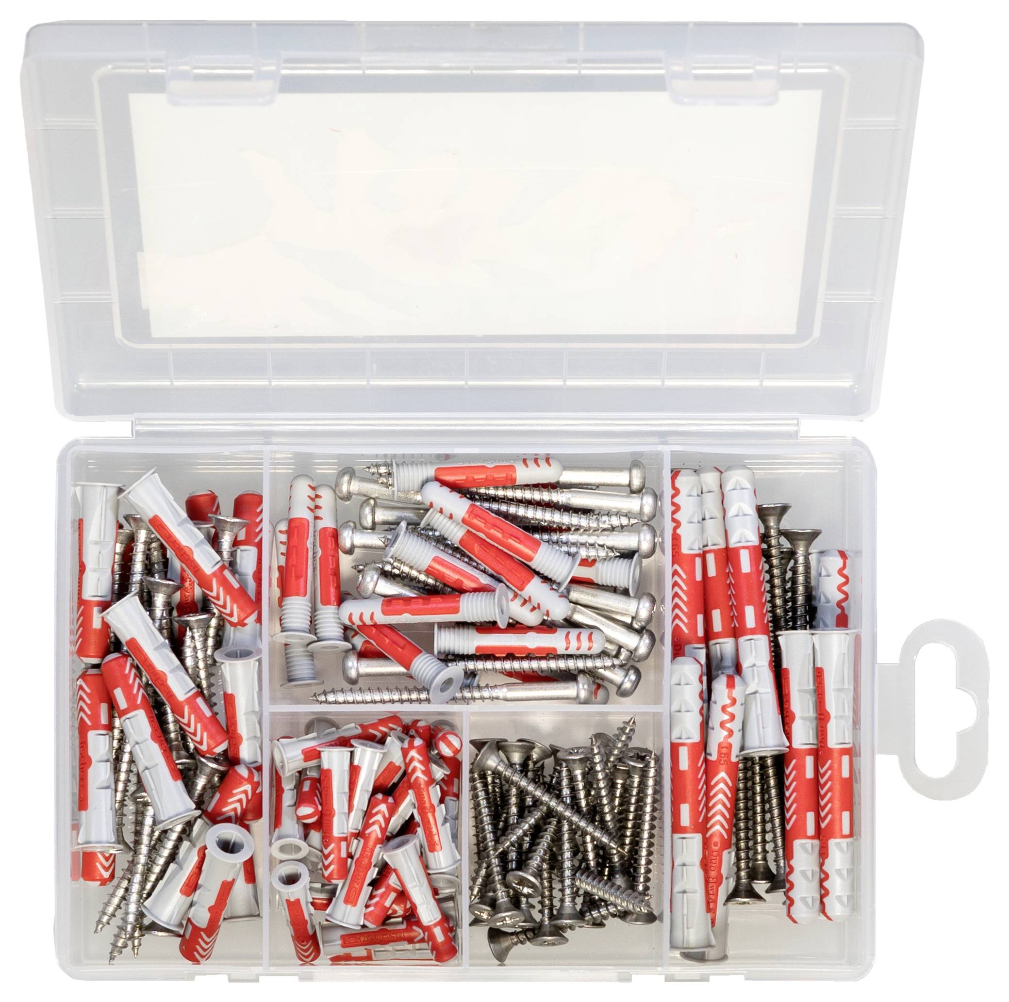 Kunststoffbox mit verschiedenen Dübeln und Schrauben in getrennten Fächern. Enthält rote und weiße Dübel sowie silberne Schrauben.