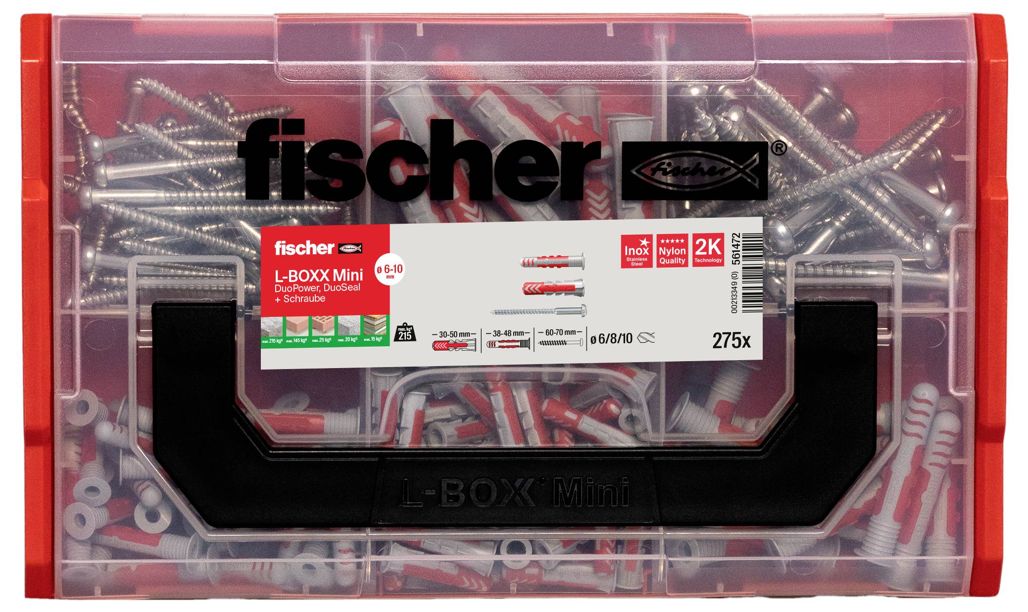 Staubox mit Fischer-Dübeln und Schrauben, Beschriftung: 'L-BOXX Mini'. Enthält 275 Teile, ideal für verschiedene Befestigungsarbeiten.