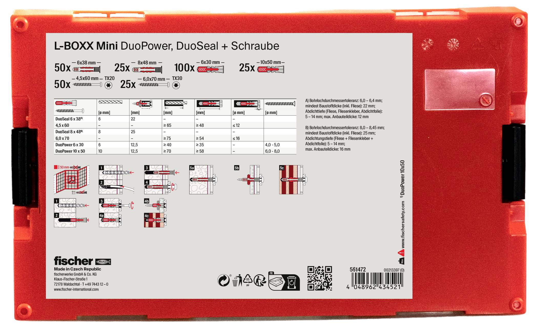 'L-BOXX Mini DuoPower, DuoSeal + Schraube' Verpackung. Tabelle zeigt Dübelgrößen, Bohrtiefen, und Anwendungsbeispiele. Enthält fischer-Logo unten.