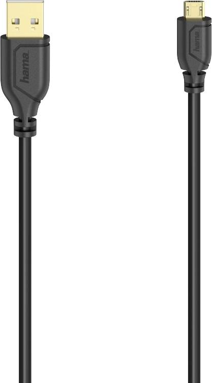 Schwarzes USB-Kabel mit Standard-USB-Stecker links und Micro-USB-Stecker rechts, beide mit 'hama'-Branding.