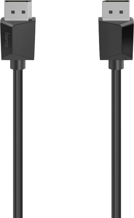 Ein schwarzes DisplayPort-Kabel mit zwei Steckern, die in modernen Computern und Monitoren für die Video-Übertragung verwendet werden.