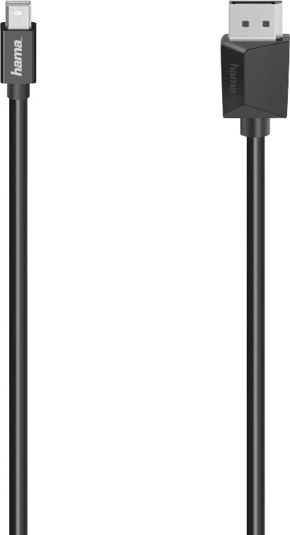 Ein schwarzes DisplayPort-Kabel von Hama mit zwei Anschlüssen, einem großen und einem kleinen, geeignet für Computerverbindungen.