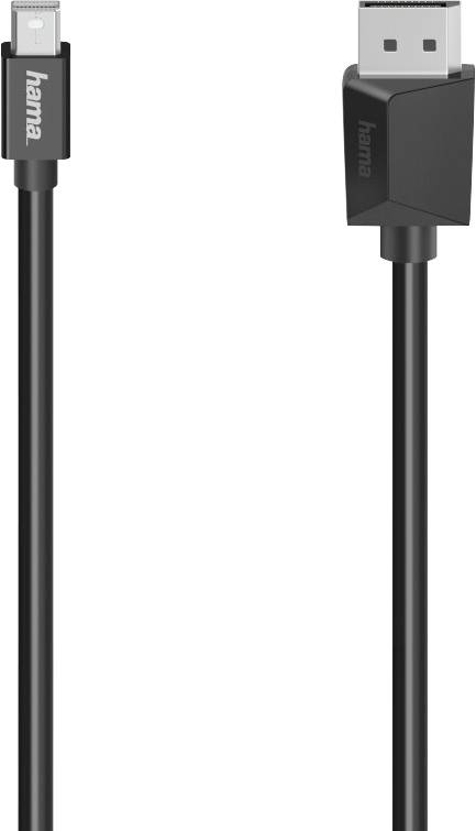 Ein schwarzes Hama-Kabel mit einem Mini DisplayPort-Anschluss und einem DisplayPort-Anschluss, geeignet für Verbindung von Geräten.