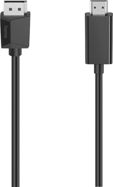 Ein schwarzes Kabel mit einem HDMI-Stecker auf der rechten Seite und einem DisplayPort-Stecker auf der linken Seite.
