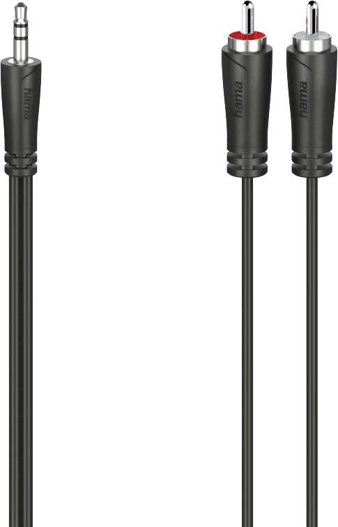 Schwarzes Audiokabel mit einem 3,5-mm-Klinkenstecker auf der linken Seite und zwei RCA-Steckern (rot und weiß) auf der rechten Seite.