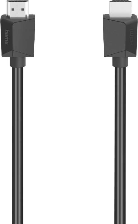 Schwarzes HDMI-Kabel mit zwei Steckern, geeignet für die Übertragung von Audio- und Videosignalen, markiert mit 'hama'.
