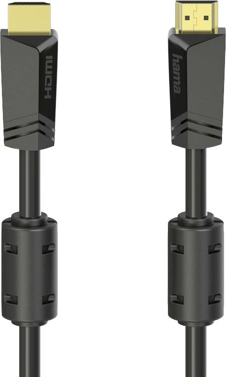 Ein schwarzes HDMI-Kabel mit zwei Steckern, gekennzeichnet mit 'HDMI'. Geeignet für Audio- und Videoverbindungen.