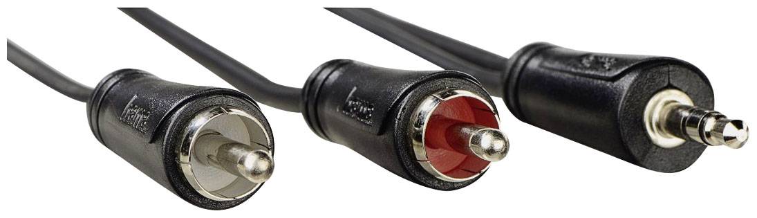Drei Audiokabel: Zwei Cinch-Stecker (rot und weiß) und ein 3,5 mm Klinkenstecker.