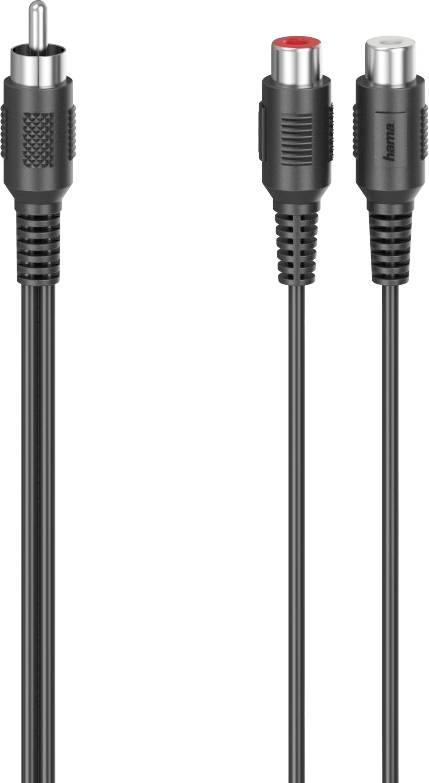 Ein schwarzes RCA-Kabel mit einem männlichen und zwei weiblichen Steckern, verwendet für Audio- und Videogeräte.