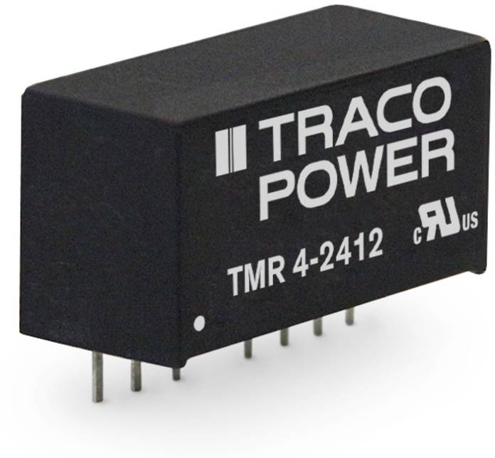 Elektronisches Bauteil mit Aufschrift 'TRACO POWER TMR 4-2412', rechteckige Form, mehrere Metallpins zum Einstecken in eine Platine.