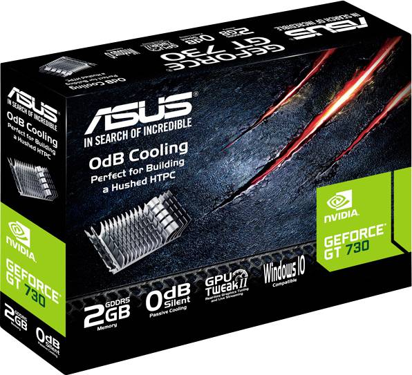 Eine ASUS GeForce GT 730 Grafikkartenverpackung, zeigt 2GB GDDR5-Speicher, 0dB Kühlung, und Windows 10 Kompatibilität.