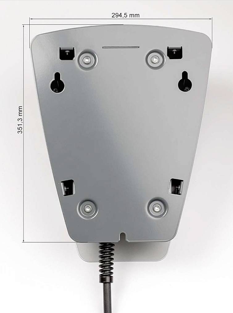 Vorderansicht einer Wandhalterung mit vier Schraubenlöchern und Maßen: Breite 294,5 mm, Höhe 351,3 mm. Kabel unten befestigt.