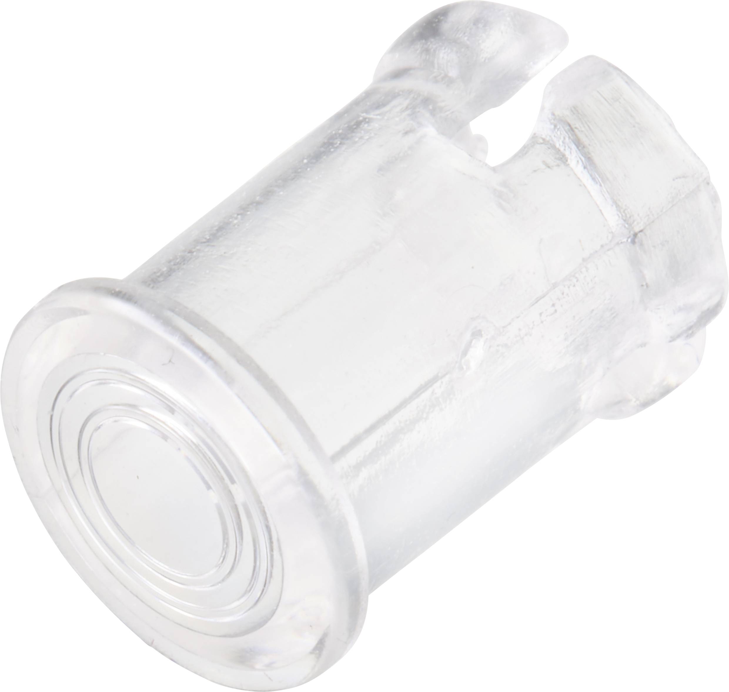 Ein durchsichtiges, zylinderförmiges Plastikteil mit gerundeten Kanten und einer glatten Oberfläche, möglicherweise ein Verschluss.