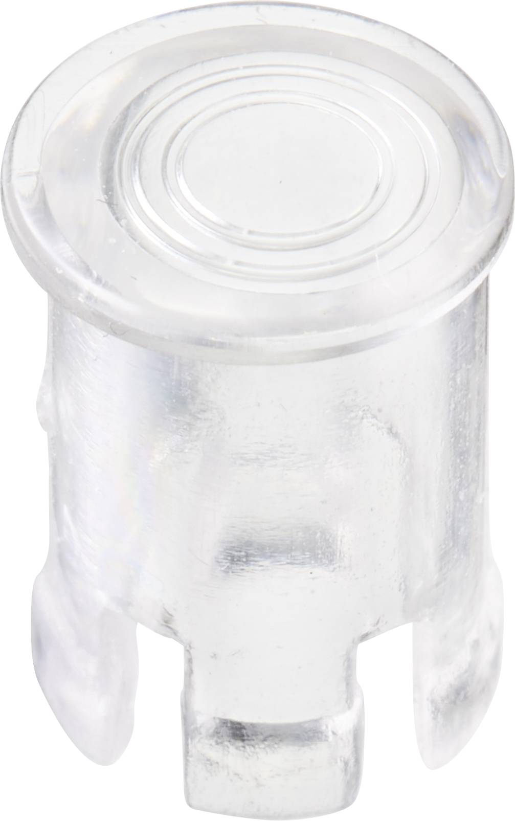 Ein transparenter, zylinderförmiger Kunststoffstift mit einem runden flachen Kopf. Er scheint strukturell einfach aufgebaut zu sein.