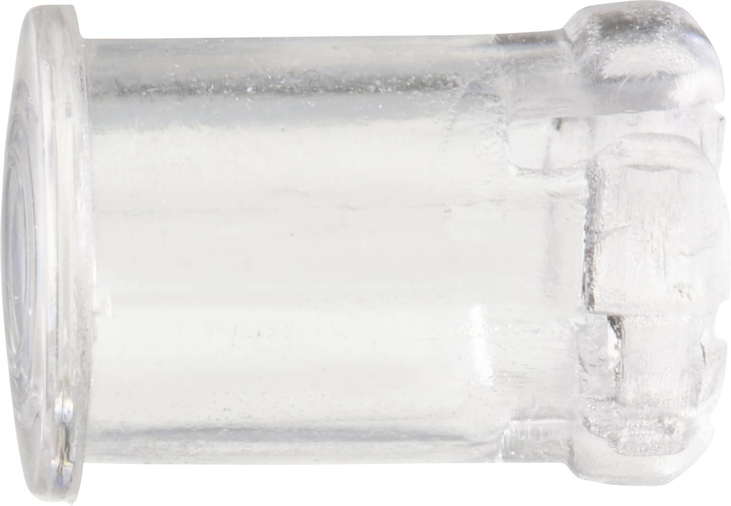 Ein transparenter, zylindrischer Plastikverschluss mit abgeschrägter Kante, verwendet zur Abdichtung kleiner Öffnungen oder Enden.