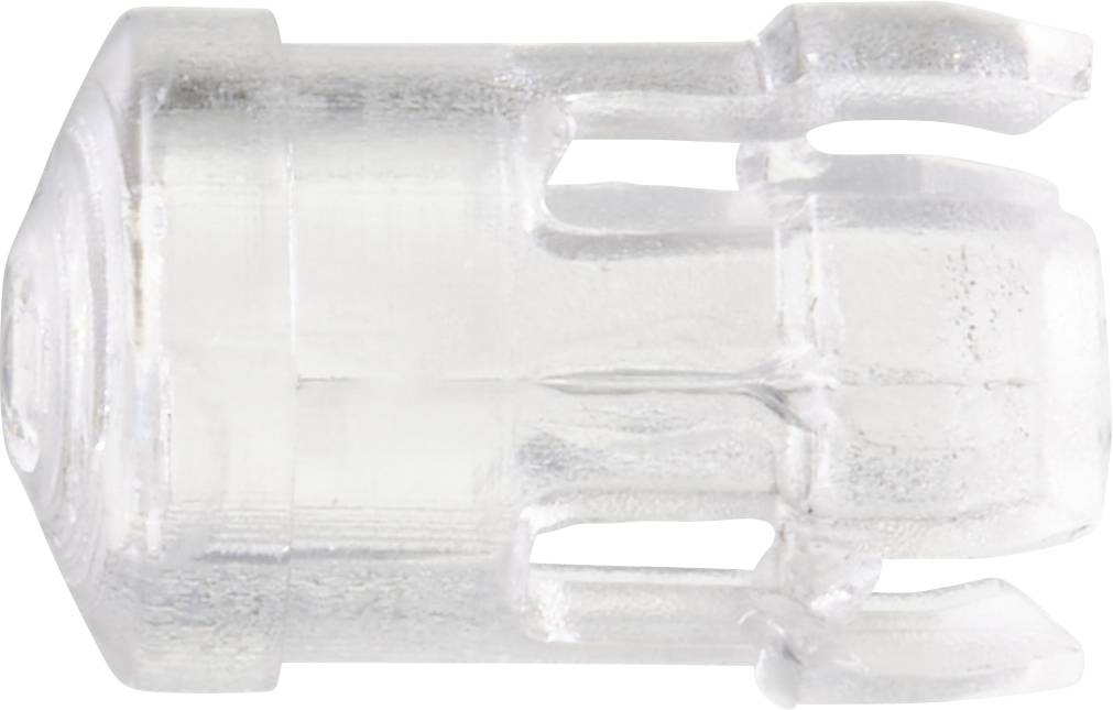 Ein transparenter Kunststoffdübel für Schrauben oder Nägel, seitlich liegend, zeigt vier gleichmäßig verteilte Schlitze.