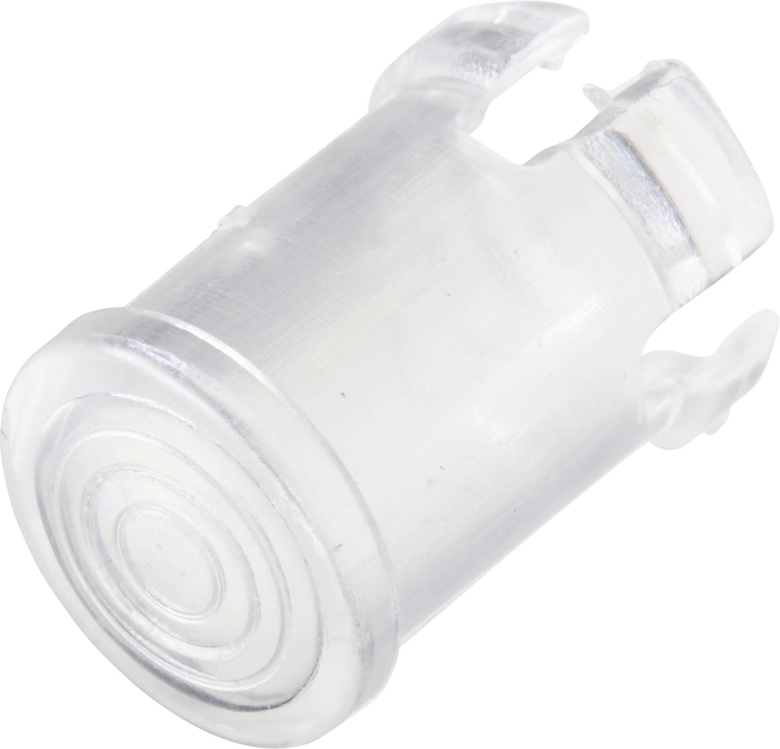 Ein durchsichtiger Kunststoff-Stecker mit geriffelter Oberseite und zwei seitlichen Clips zum Einrasten.