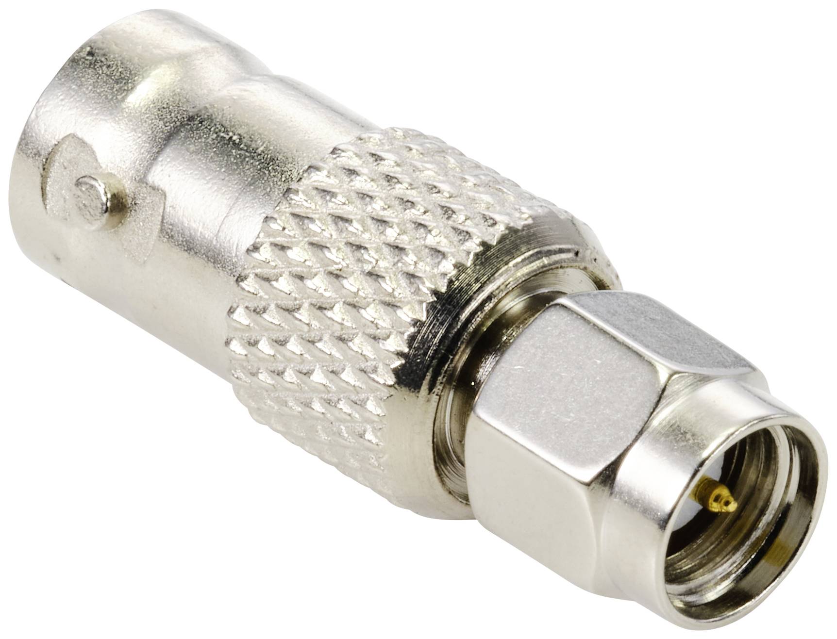 Ein Adapter mit einem BNC- und einem Koaxialanschluss. Er ist aus Metall, mit einem geriffelten Mittelteil zur besseren Handhabung.