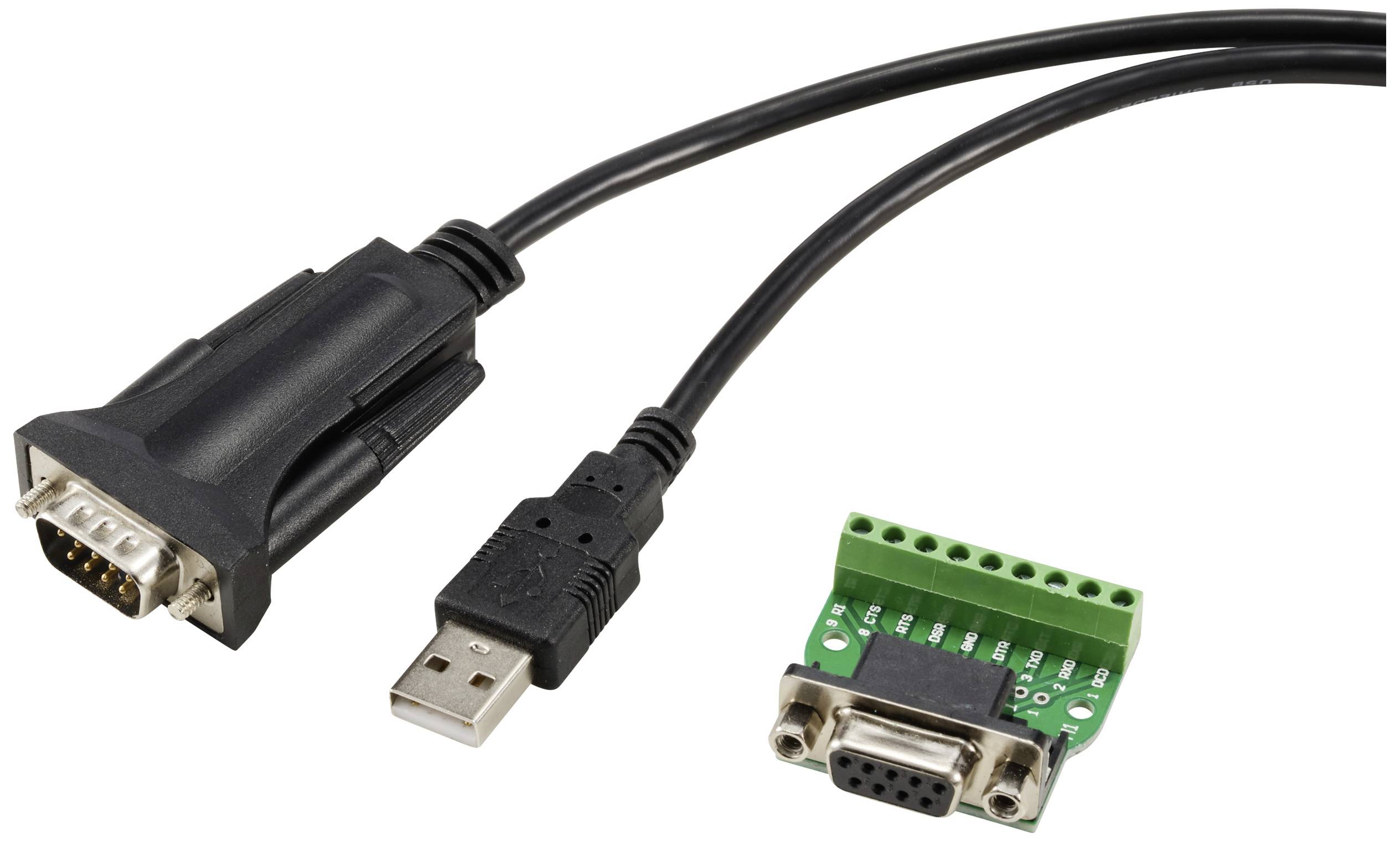 'USB auf RS232 Adapter' zeigt ein schwarzes Kabel mit USB-Stecker und 9-poligem RS232-Stecker, sowie eine grüne Anschlussplatine.
