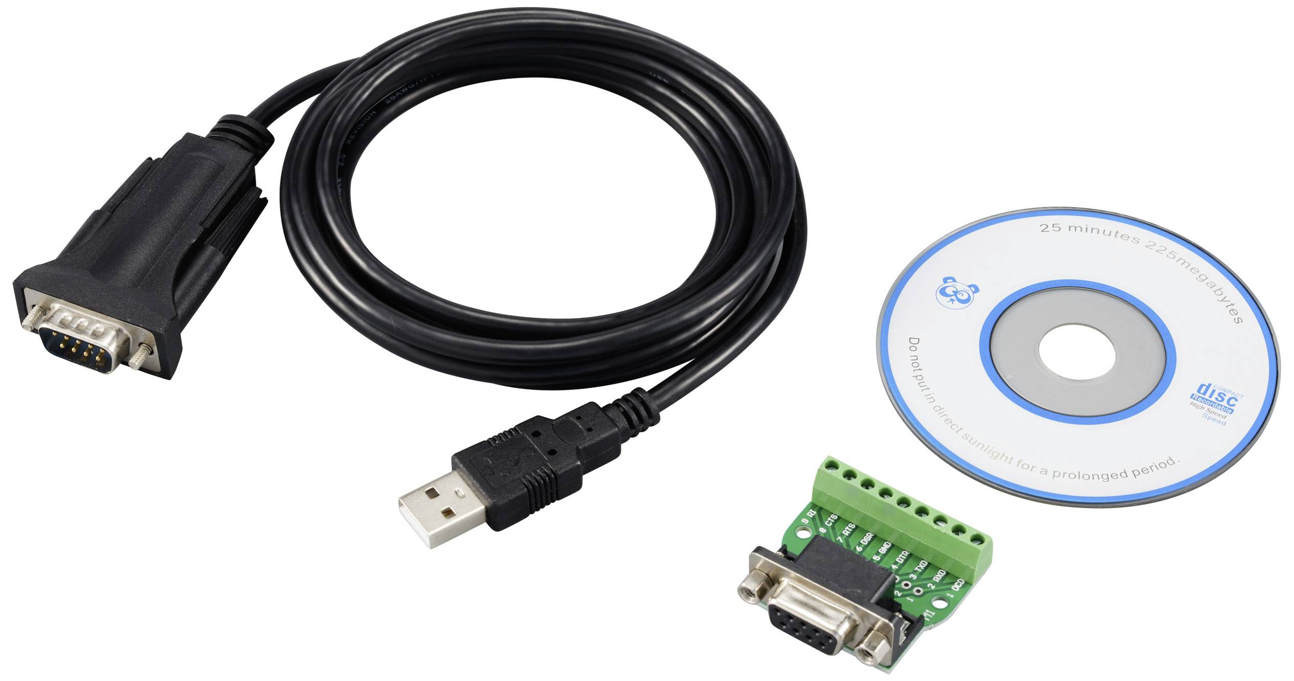 Schnittstellenkonverter-Set mit RS232-Adapter, USB-Kabel und Installations-CD.