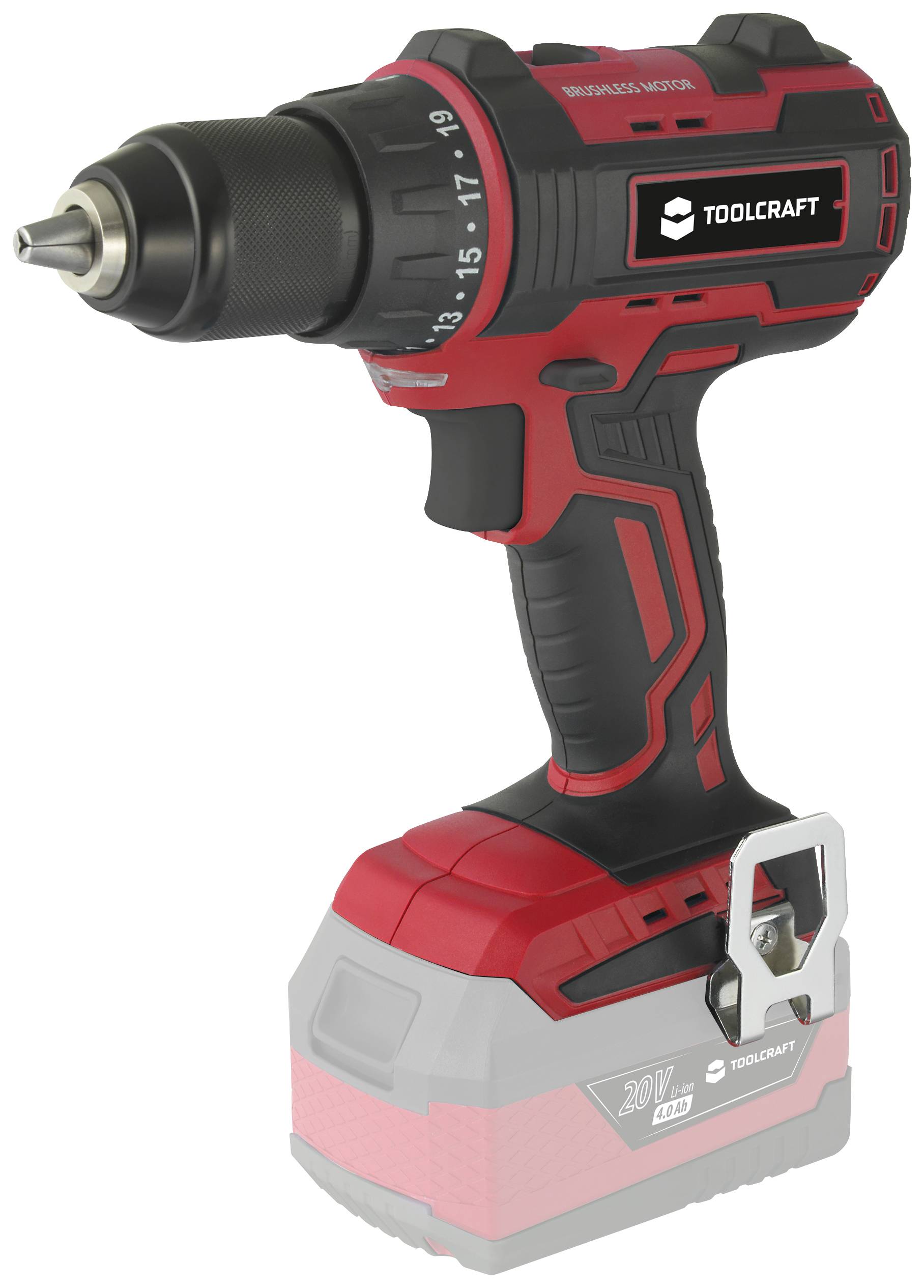 Akkuschrauber in Rot und Schwarz mit variabler Drehmomenteinstellung und robustem Griff. Markenlogo 'Toolcraft' auf der Seite.