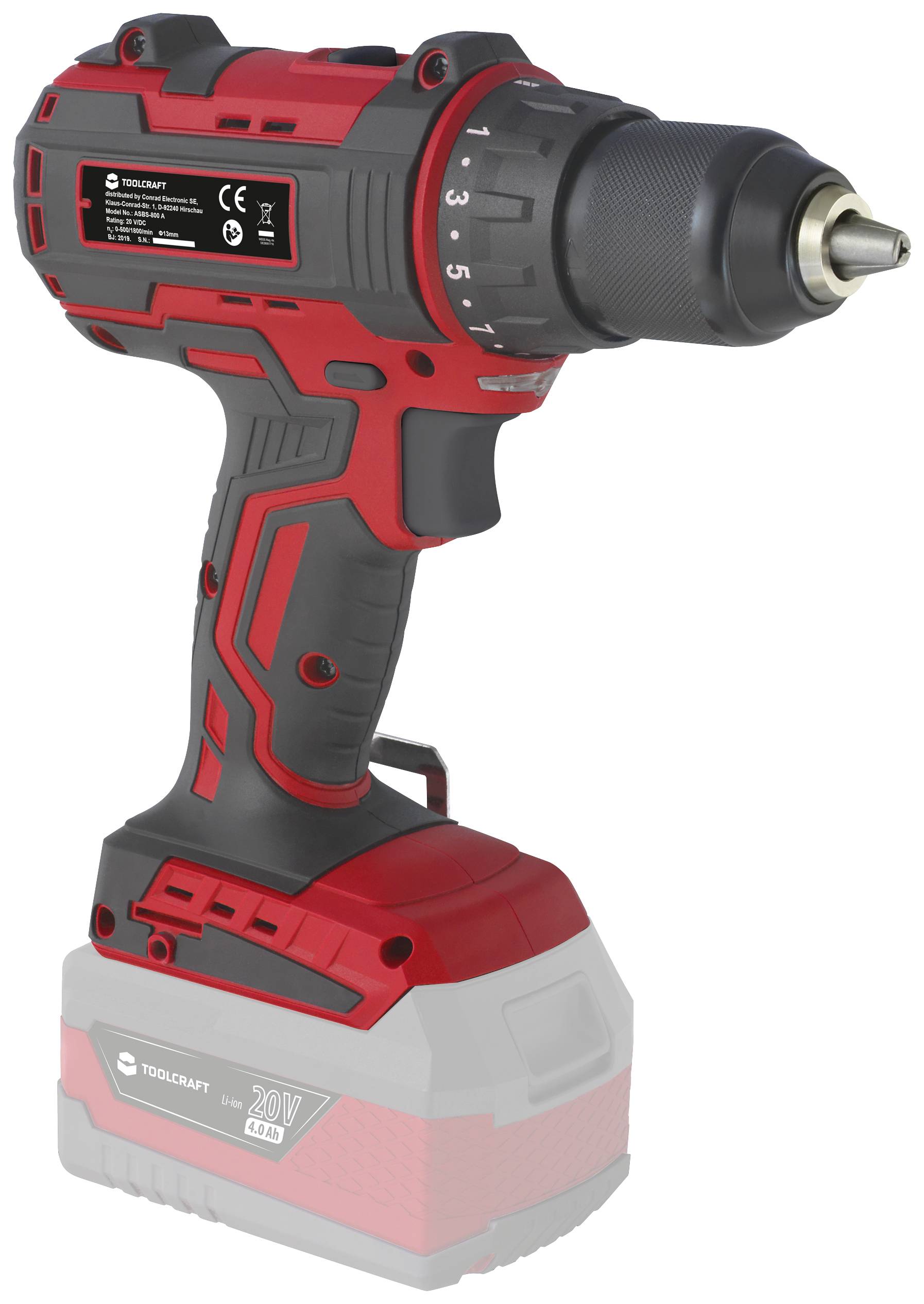 Roter, kabelloser Akkuschrauber mit schwarzem Griff und einstellbarer Drehzahl. Geeignet für Bohr- und Schraubarbeiten.