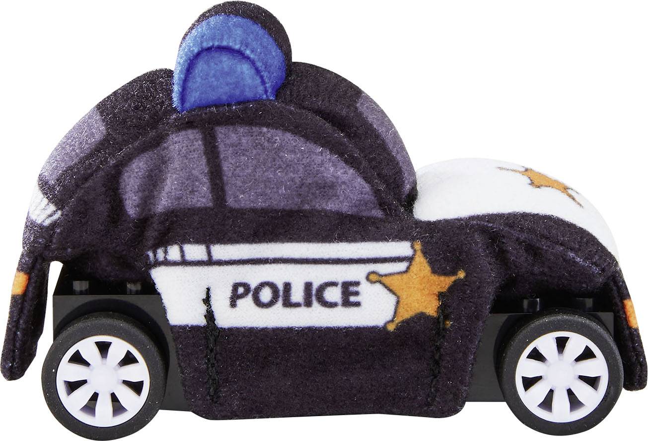 Stoffauto in Form eines Polizeiwagens mit Sternsymbol und 'POLICE'-Aufschrift, schwarzes und weißes Design, blauer Lichtaufsatz.