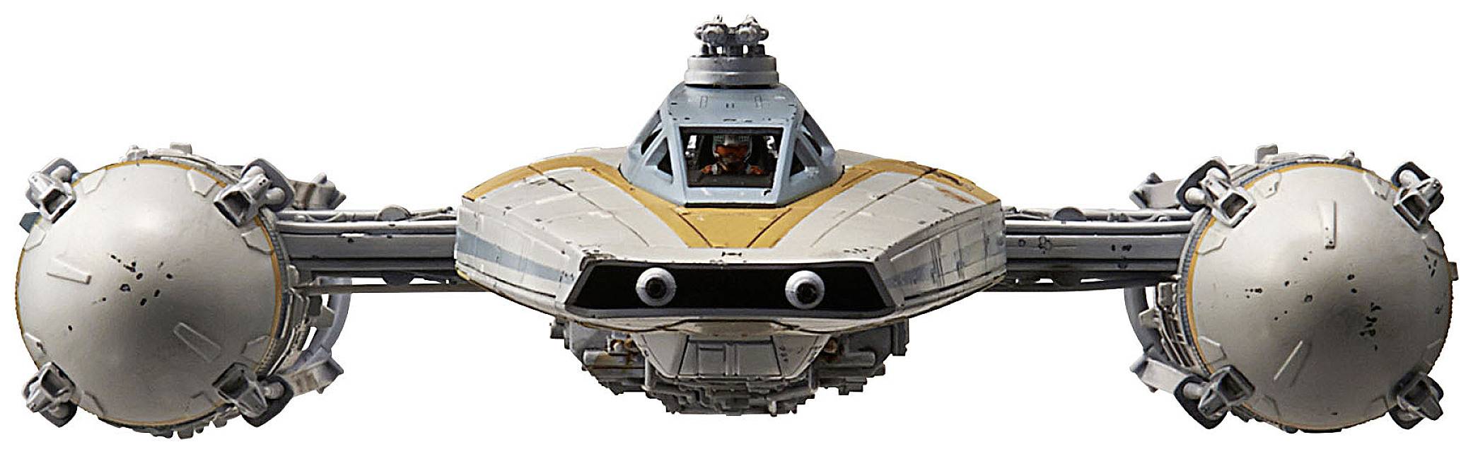 Ein futuristisches Raumschiff mit zwei großen kugelförmigen Triebwerken, einer zentralen Kanzel und einem detaillierten, technischen Design.