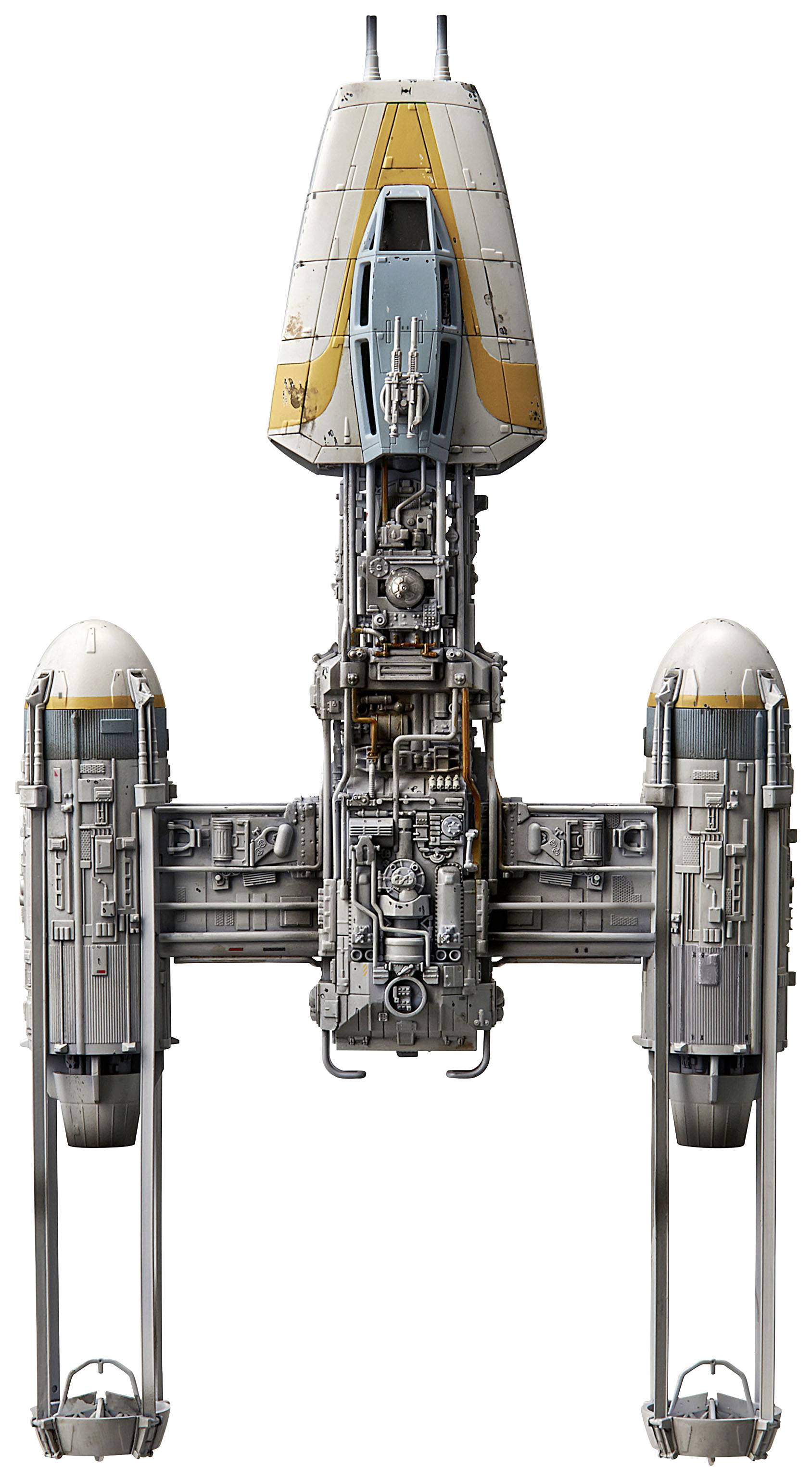 Ein detailliertes Modell eines Weltraumfahrzeugs mit zwei langen vertikalen Flügeln und einem zentralen Rumpf. Designdetails sind sichtbar.