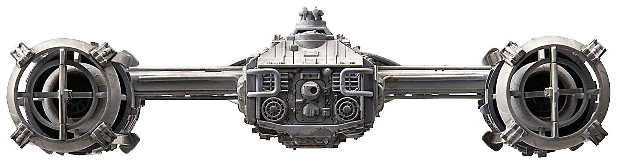 Raumschiff mit rundem, robustem Design, metallischen Oberflächen und zwei großen Motoren an den Seiten. Zentrale Steuerkonsole sichtbar.