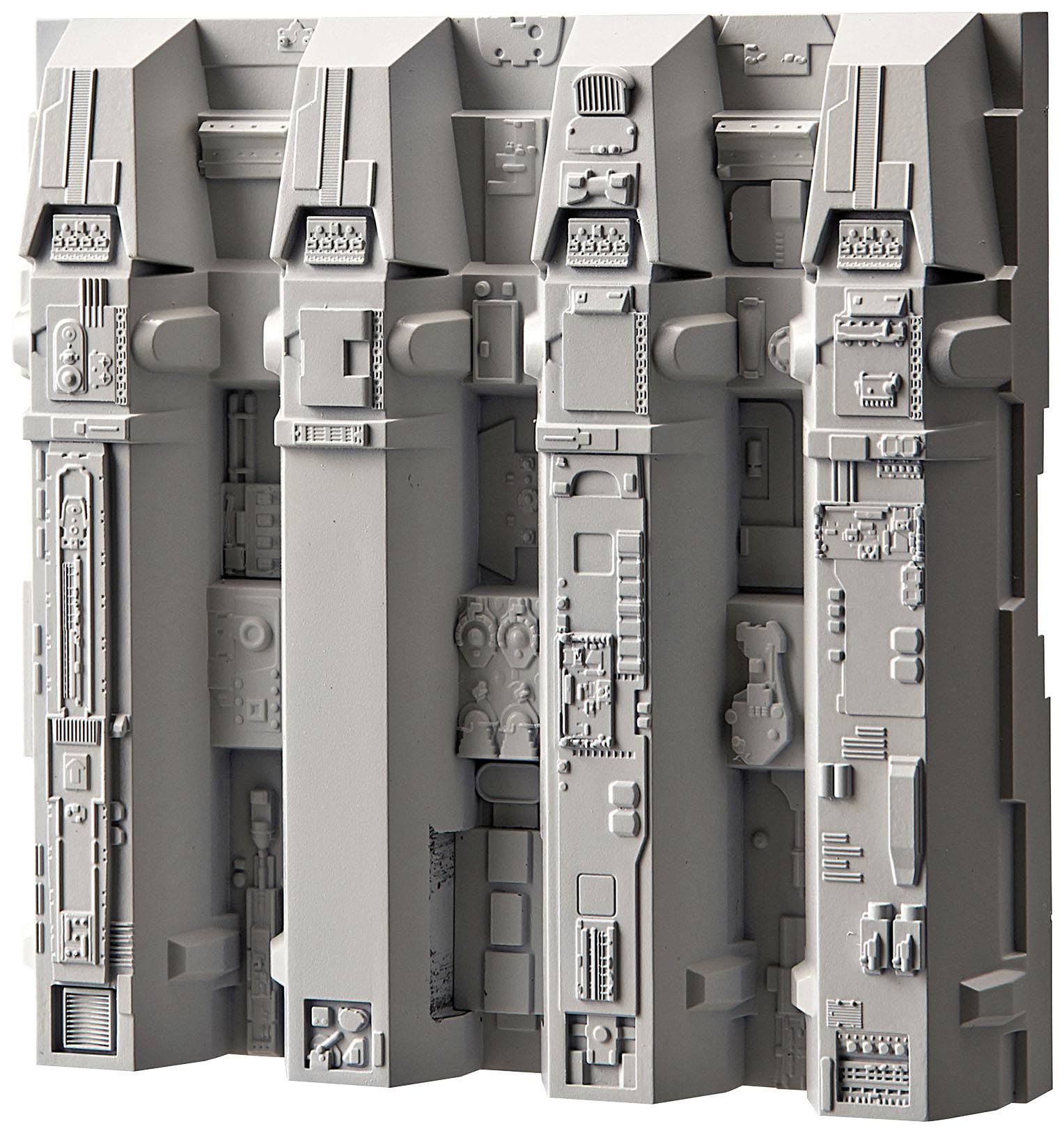 Ein komplexes Architekturmodell mit vertikalen Strukturen und städtischen Details, das ein futuristisches Gebäude darstellt.