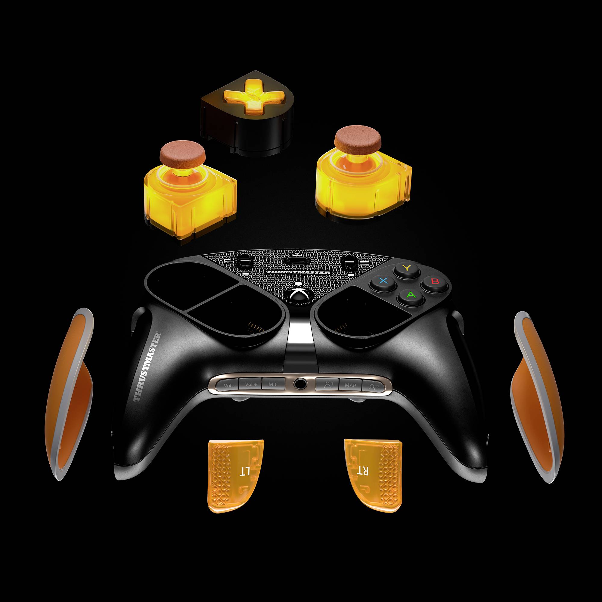 Gamecontroller und Komponenten in Schwarz und Orange auf schwarzem Hintergrund. Oben Knöpfe, unten Hebel, in der Mitte der Controller.
