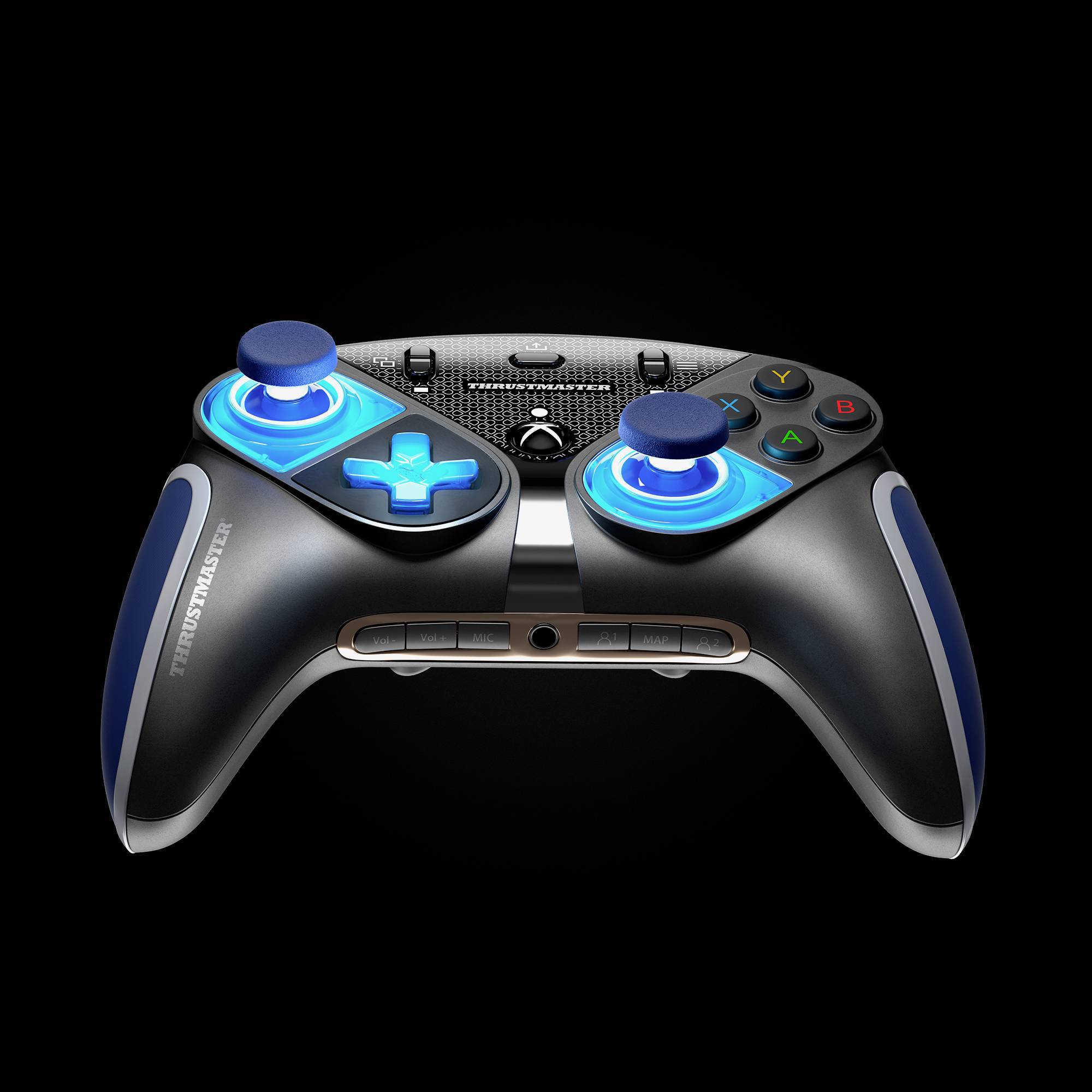 Ein schwarz-blauer Gaming-Controller mit leuchtenden blauen Tasten und Joysticks, auf einem schwarzen Hintergrund.