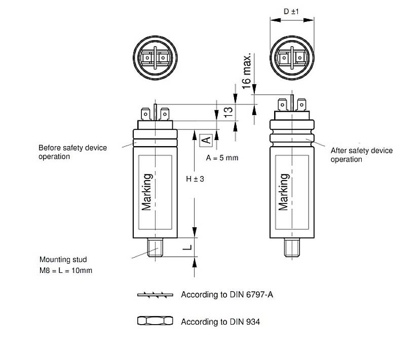 Technische Zeichnung von zylindrischem Teil mit Maßen. Details zur Befestigung: M8, L=10 mm. Normen: DIN 6797-A und DIN 934.