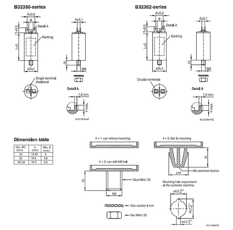 Die Grafik zeigt technische Zeichnungen der B32350- und B32352-Serienkondensatoren mit Einzel- und Doppelanschlüssen, Details und Maßtabelle.