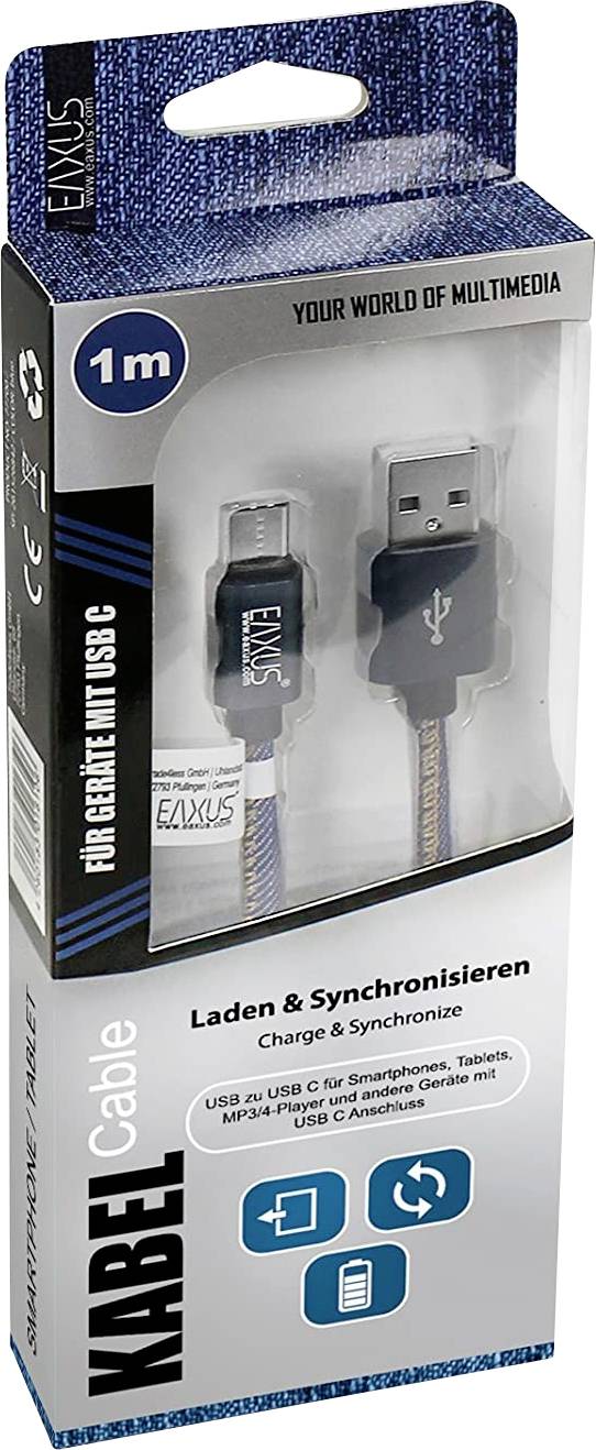 Eaxus USB-Ladekabel USB-A Stecker, USB-C® Stecker 1.00m Blau 4260183016106