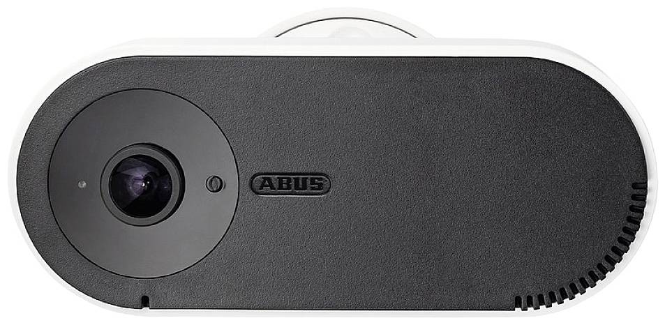 Weiße und schwarze Überwachungskamera von ABUS mit Linse auf der linken Seite.