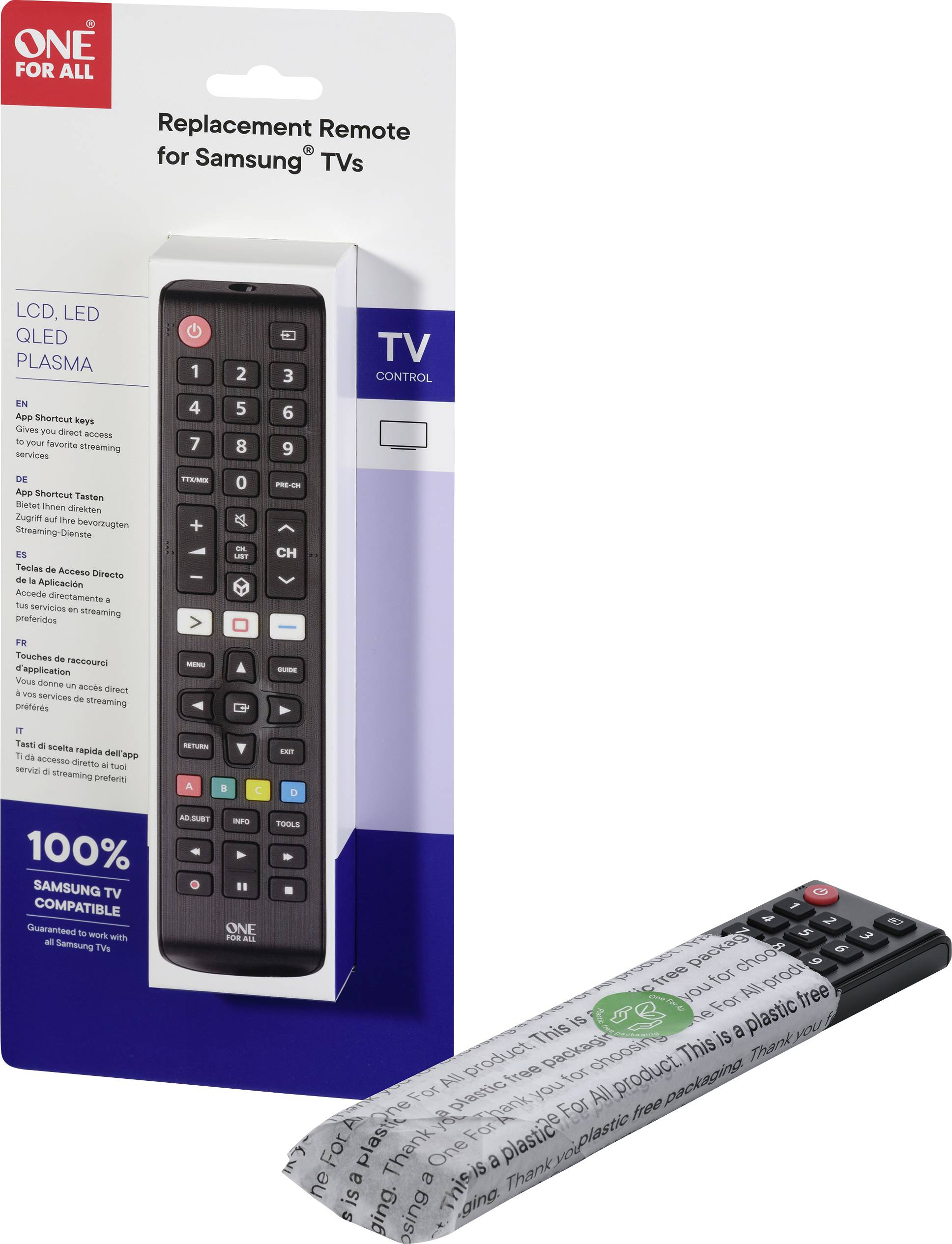 Ersatzfernbedienung für Samsung TVs in Verpackung mit Tasten, die LCD, LED, QLED, Plasma und 100% Samsung-Kompatibilität anzeigen.