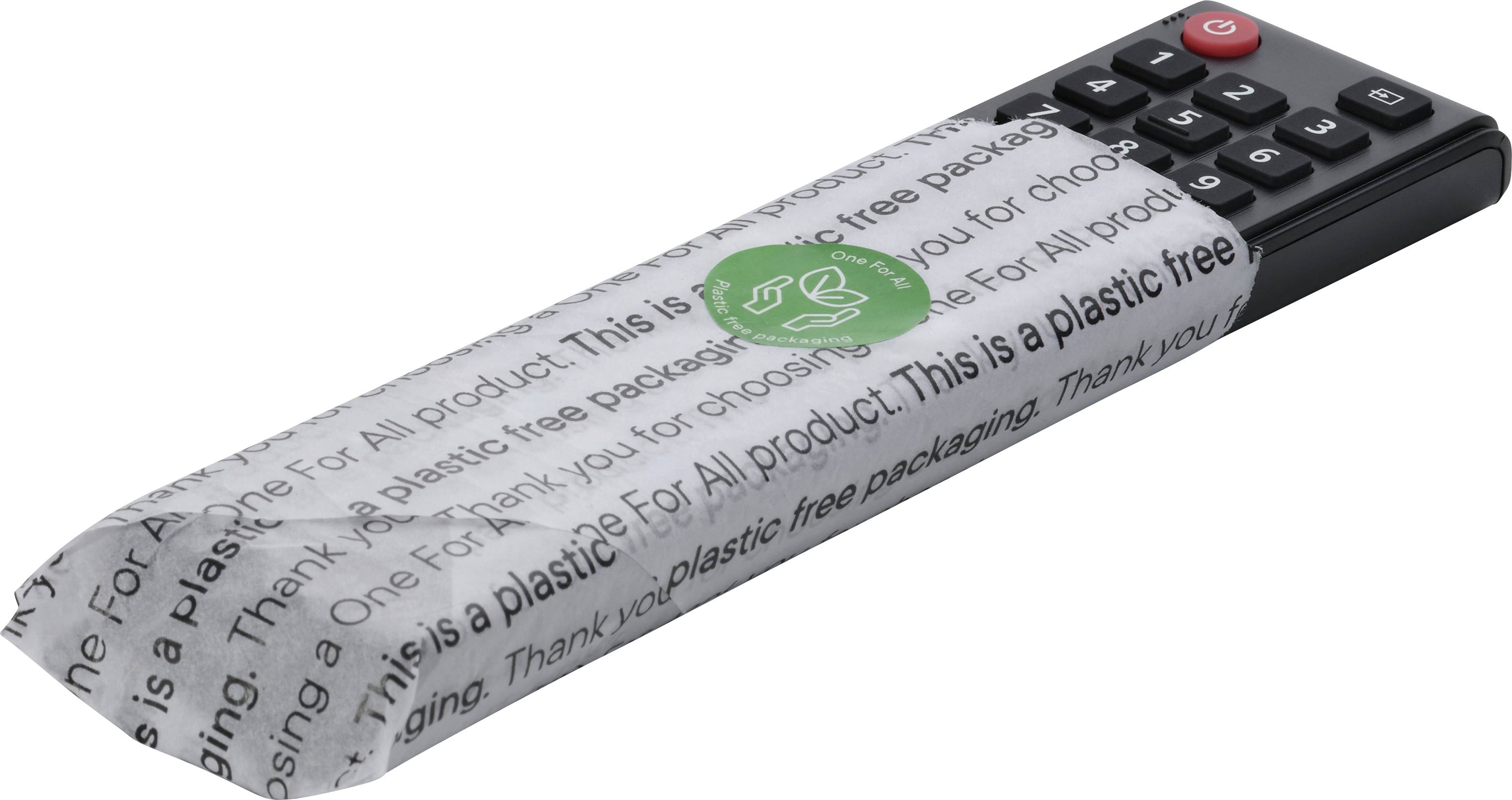 Eine Fernbedienung in plastikfreier Verpackung mit dem Text 'This is a plastic free packaging' und einem grünen Recycling-Symbol.